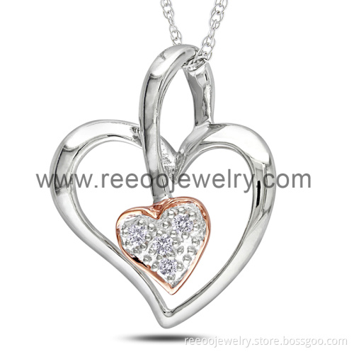 Wedding Accessories Silver Charm Necklace, Open Double Heart CZ Pendant Necklace